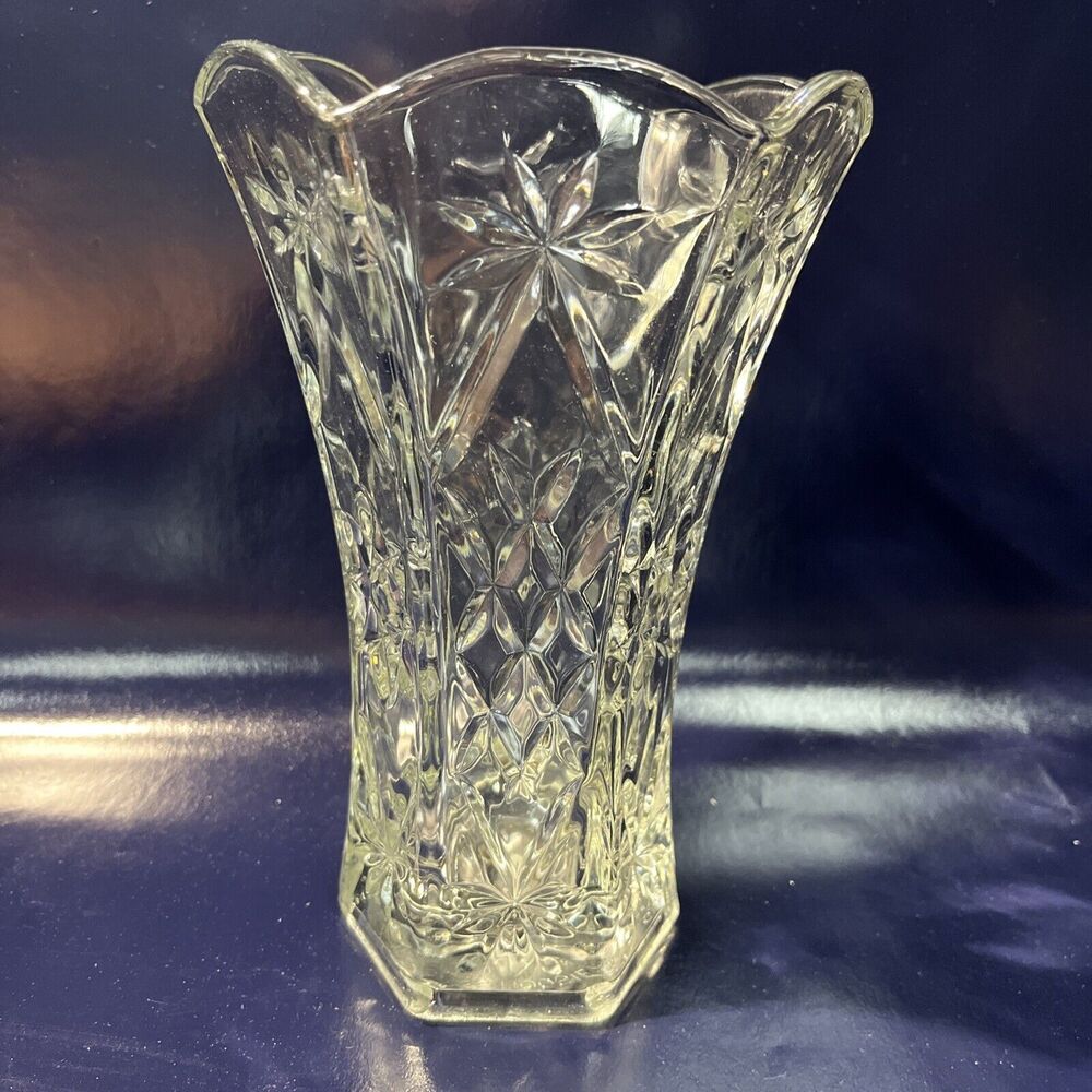 VTG Hoosier Glass Vase Clear 6 Panel #4040 Floral 8” High - T6